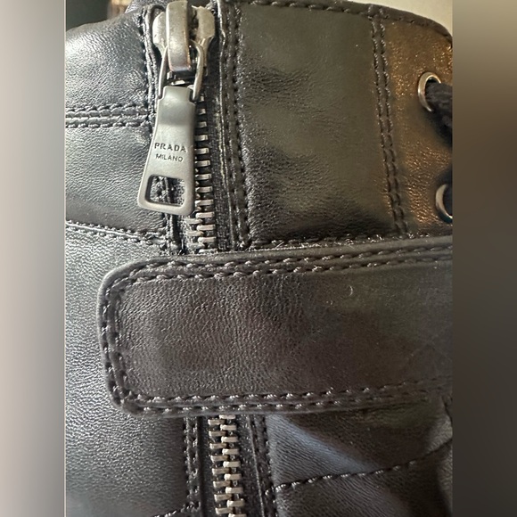 Prada Logo Lug Sole Platform Block Heels Ankle Moto Combat Black Leather 37 1/2 - Picture 14 of 14